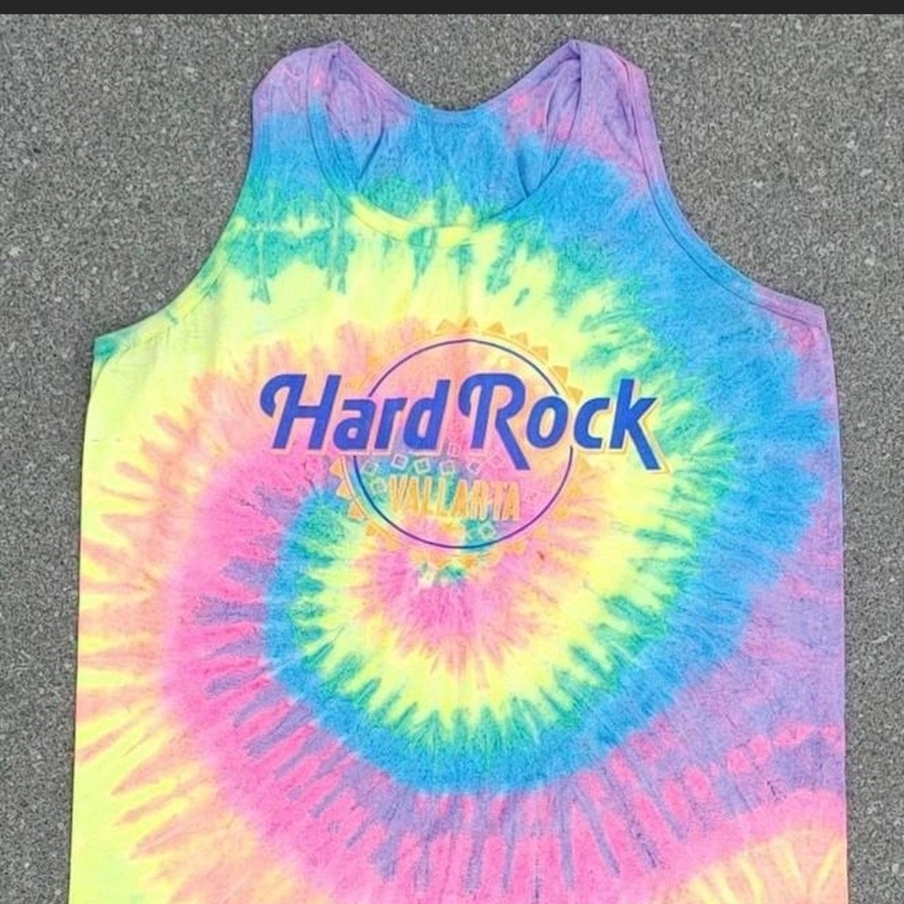 Vtg 1990s Hard Rock Cafe Vallarta Bright Neon Tie Dye Tank Top Single Stitch XL